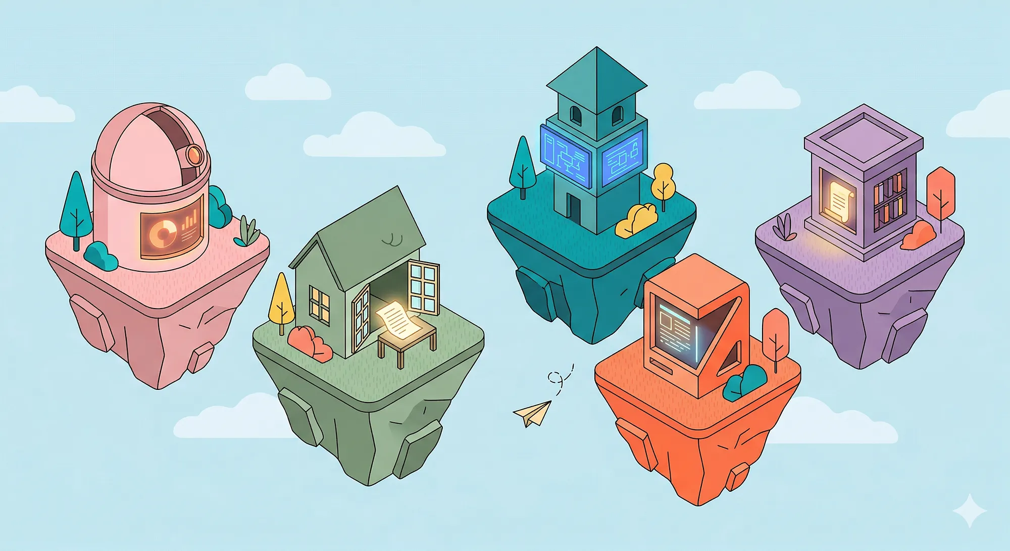 Scattered floating islands of knowledge — analytics, docs, architecture, code, archives — each isolated from the others.