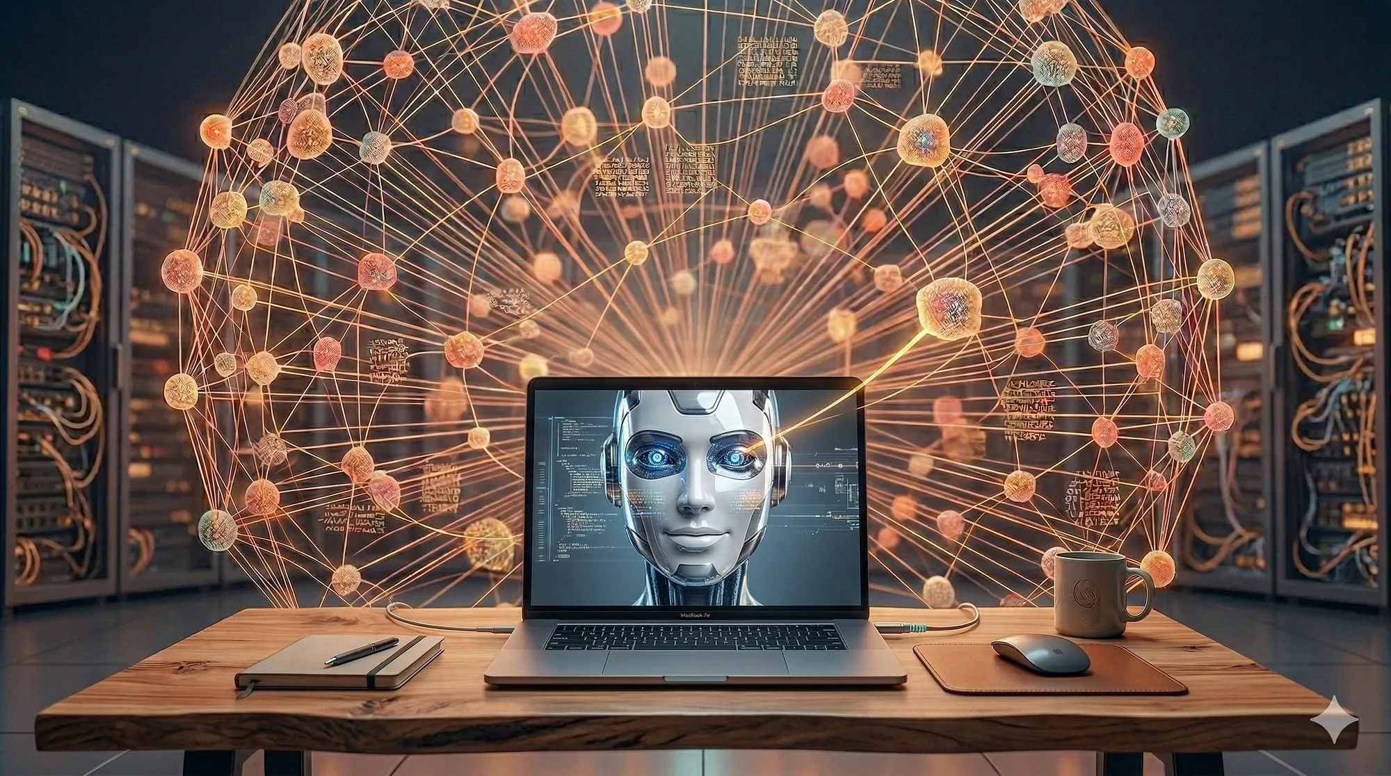 A laptop wired into a glowing knowledge graph in a data center — knowledge structured and accessible to AI at every step.