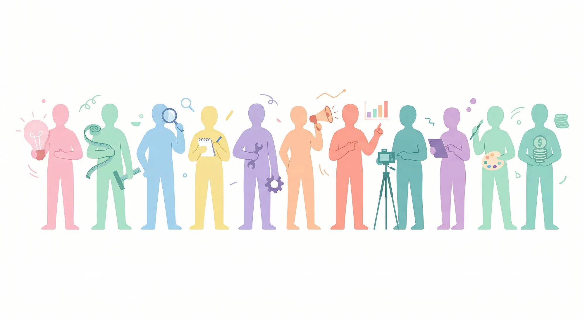 The actors in product development, each holding the tool of their trade — from the PM's lightbulb to Finance's coins.