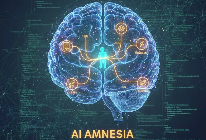AI amnesia — a glowing brain wired to PRD, ADR, PR, release, and incident nodes.