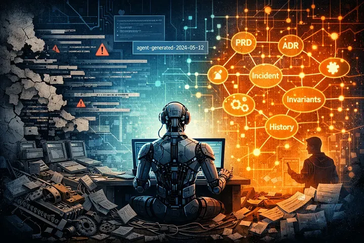 A humanoid agent between a pile of fragmented, agent-generated code and a connected knowledge graph of PRDs, ADRs, incidents, and history.