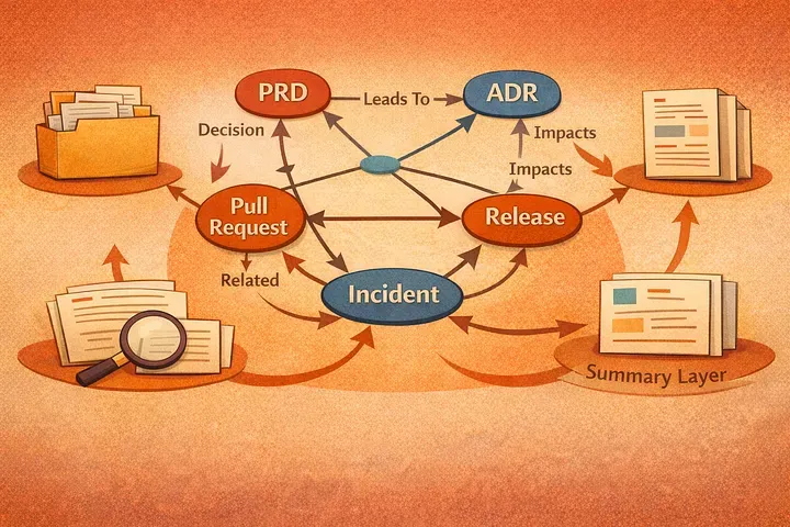 A knowledge graph linking PRD, ADR, pull request, release, and incident nodes to a summary layer.