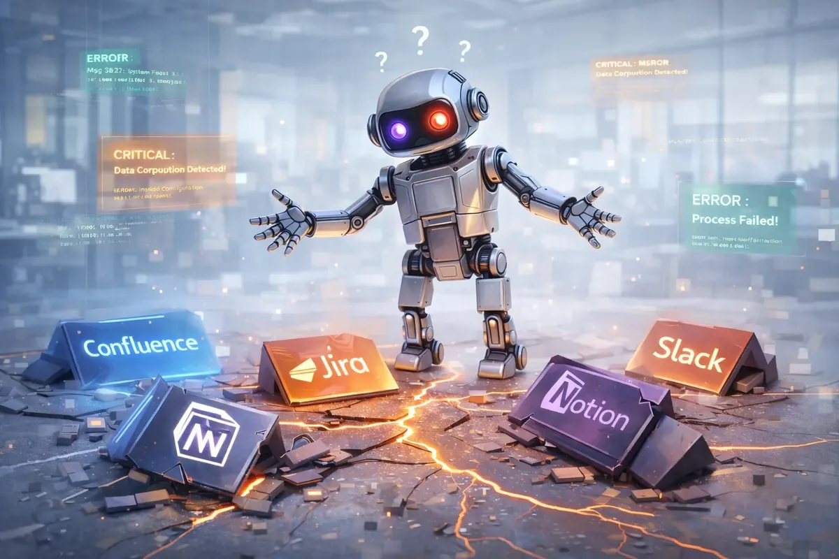 A confused robot standing among toppled Confluence, Jira, Slack, and Notion blocks amid error messages — the reality of "going AI native" on top of scattered knowledge.