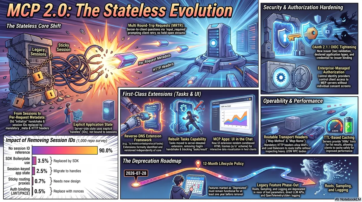 MCP 2.0 — the stateless evolution: an infographic overview of the release, from sessions removed and per-request metadata to extensions, tasks, MCP Apps, auth hardening, and the deprecation roadmap.